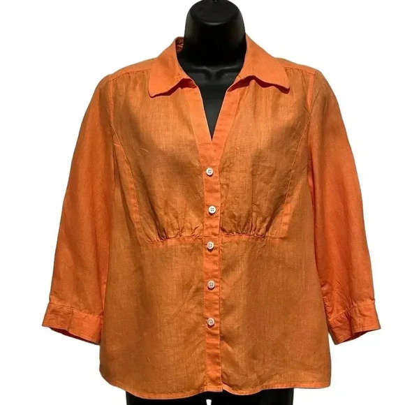 Talbots Irish Linen Tangerine Orange Womens 3/4 Sleeve Button Down Womens 12P - Picture 9 of 9